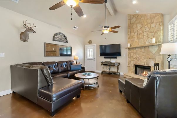 Fireplace, Interior, Living room, Recessed Lighting, Stone Walls