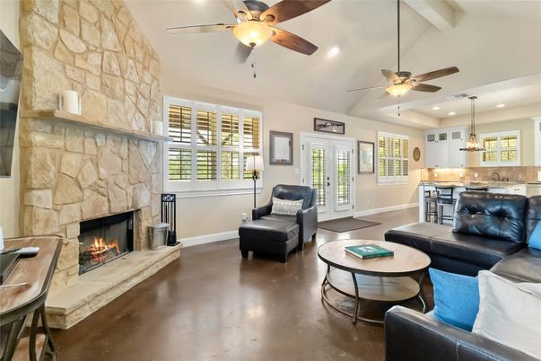 Fireplace, Interior, Kitchen, Living room, Pendant Lights, Recessed Lighting, Stone Walls