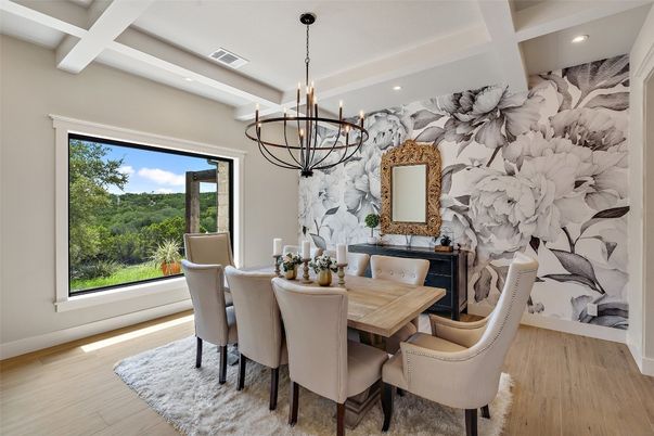 Chandelier, Dining room, Interior, Recessed Lighting, Wood Texture Flooring