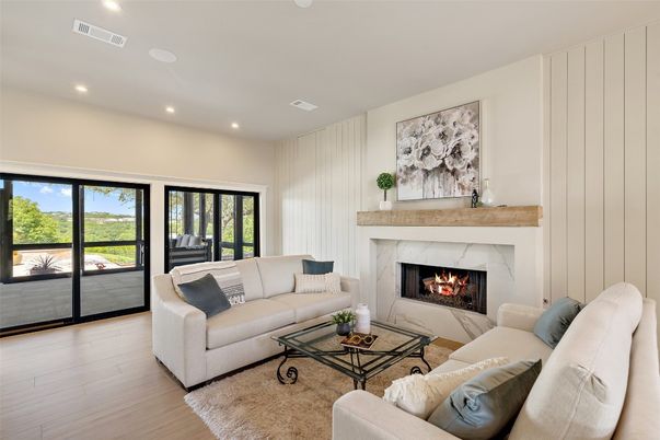 Fireplace, Interior, Living room, Recessed Lighting, Wood Texture Flooring