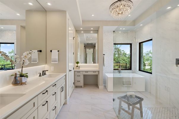 Bathroom, Chandelier, Dual Sink Vanities, Interior, Marble, Marble Walls, Recessed Lighting