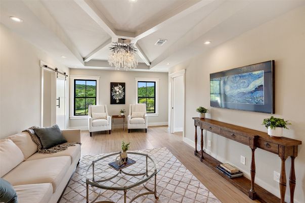 Chandelier, Interior, Living room, Recessed Lighting, Wood Texture Flooring
