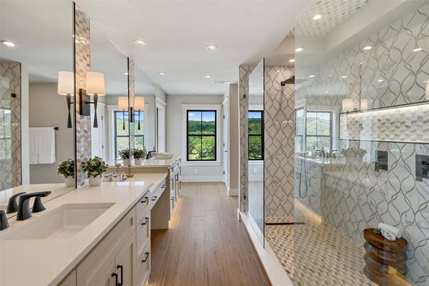 Bathroom, Dual Sink Vanities, Glass Shower, Interior, Recessed Lighting, Wood Texture Flooring