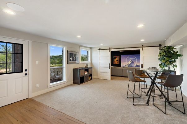 Dining room, Interior, Recessed Lighting, Wood Texture Flooring