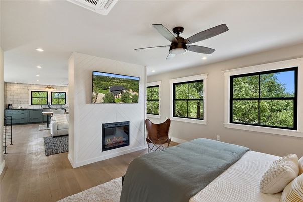 Bedroom, Fireplace, Interior, Recessed Lighting, Wood Texture Flooring