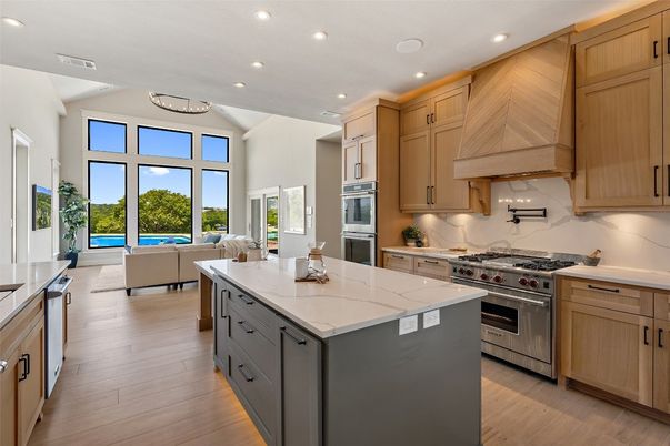 Interior, Kitchen, Living room, Recessed Lighting, Stainless Steel Appliances, Wood Texture Flooring
