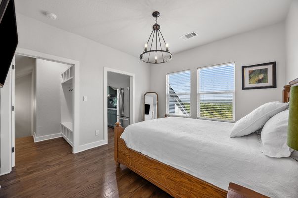 Bedroom, Interior, Pendant Lights, Wood Texture Flooring