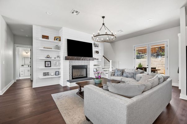 Chandelier, Fireplace, Interior, Living room, Recessed Lighting, Wood Texture Flooring