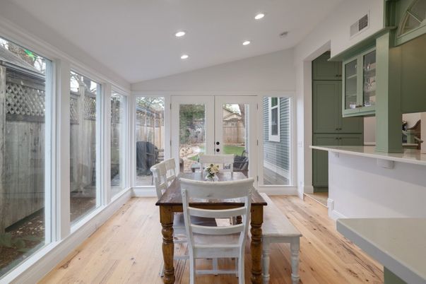 Dining room, Interior, Recessed Lighting, Wood Texture Flooring