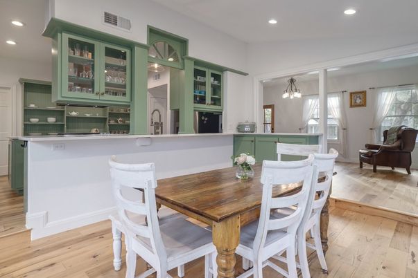 Dining room, Interior, Pendant Lights, Recessed Lighting, Wood Texture Flooring