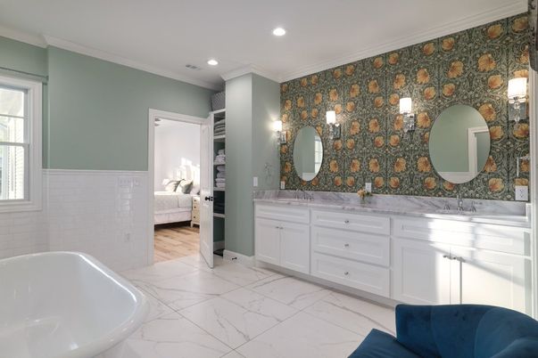 Bathroom, Bedroom, Dual Sink Vanities, Free Standing Baths, Interior, Marble, Recessed Lighting