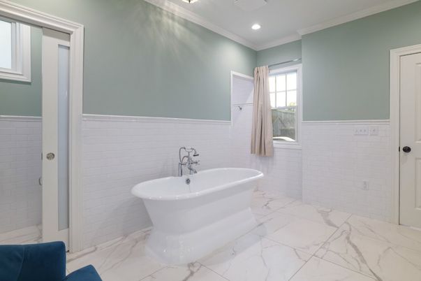 Bathroom, Free Standing Baths, Interior, Marble, Recessed Lighting