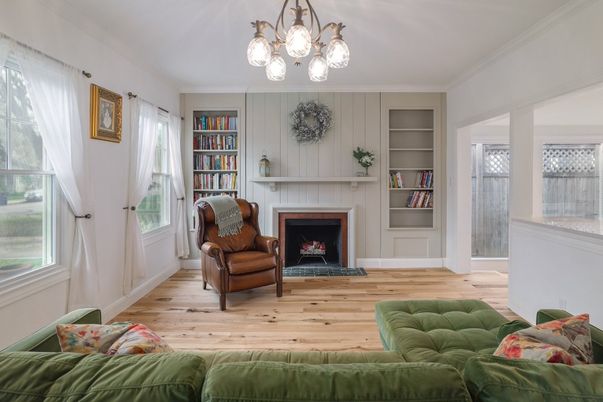Fireplace, Interior, Living room, Pendant Lights, Wood Texture Flooring