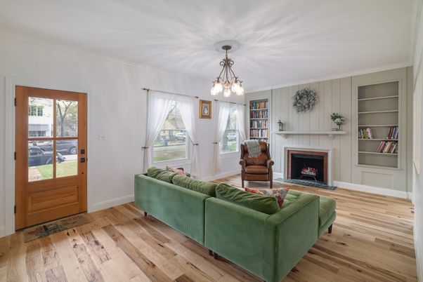 Fireplace, Interior, Living room, Pendant Lights, Wood Texture Flooring