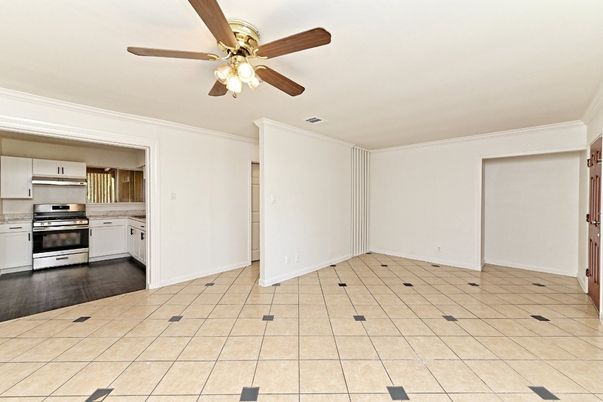Empty room, Interior, Kitchen, Stainless Steel Appliances, Wood Texture Flooring