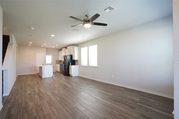 Empty room, Interior, Kitchen, Recessed Lighting, Wood Texture Flooring