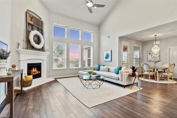 Dining room, Fireplace, Interior, Living room, Pendant Lights, Wood Texture Flooring