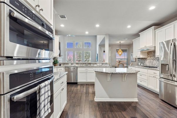 Interior, Kitchen, Pendant Lights, Recessed Lighting, Stainless Steel Appliances, Wood Texture Flooring