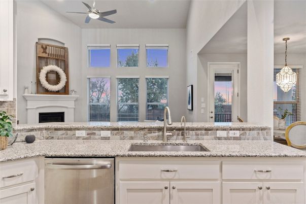 Fireplace, Interior, Kitchen, Pendant Lights, Stainless Steel Appliances