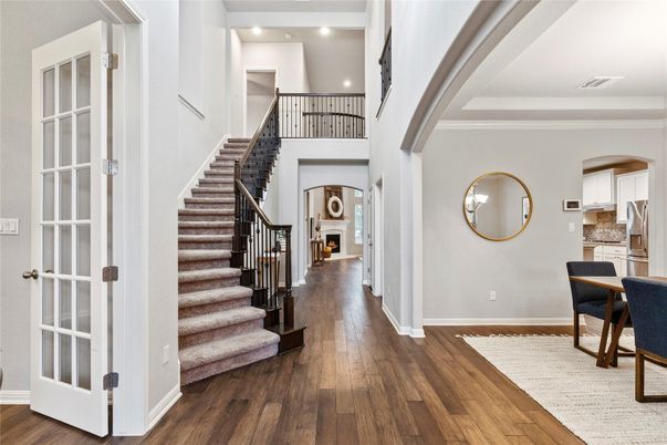 Fireplace, Interior, Recessed Lighting, Wood Texture Flooring