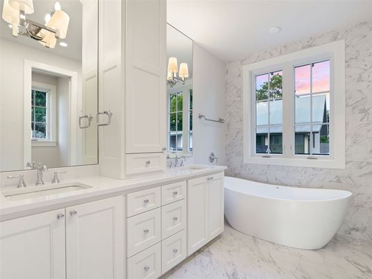 Bathroom, Dual Sink Vanities, Free Standing Baths, Interior, Marble, Marble Walls, Recessed Lighting