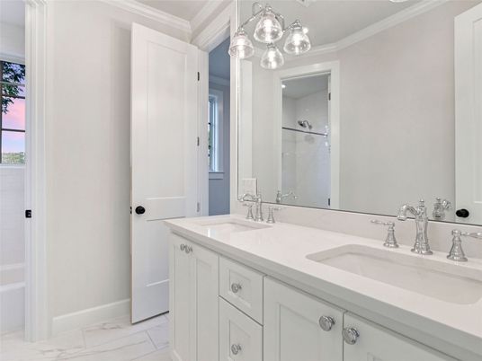 Bathroom, Dual Sink Vanities, Interior, Marble, Pendant Lights