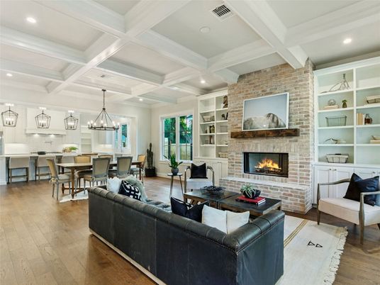 Dining room, Fireplace, Interior, Kitchen, Living room, Pendant Lights, Recessed Lighting, Stone Walls, Wood Texture Flooring