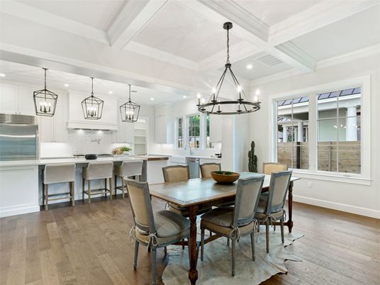 Chandelier, Dining room, Interior, Kitchen, Pendant Lights, Recessed Lighting, Stainless Steel Appliances, Wood Texture Flooring