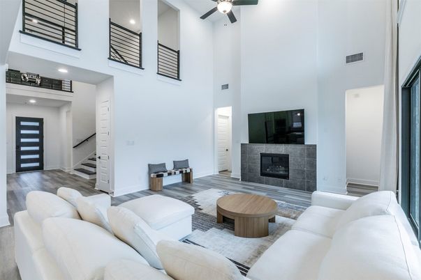 Fireplace, Interior, Living room, Recessed Lighting, Wood Texture Flooring