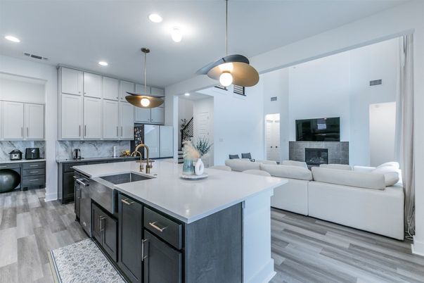 Fireplace, Interior, Kitchen, Living room, Pendant Lights, Recessed Lighting, Wood Texture Flooring