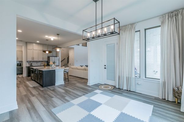Interior, Kitchen, Living room, Pendant Lights, Recessed Lighting, Wood Texture Flooring