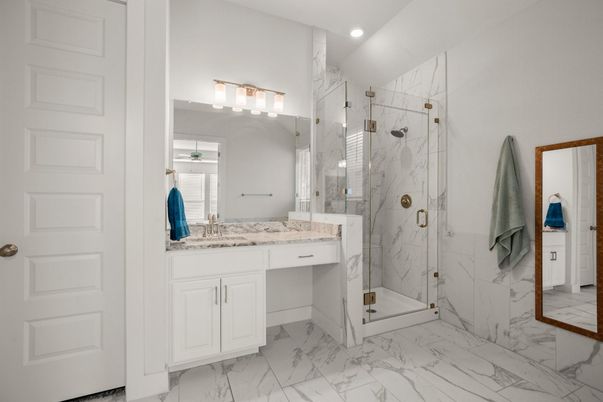 Bathroom, Glass Shower, Interior, Marble, Marble Walls, Recessed Lighting