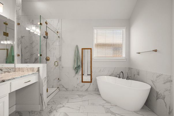 Bathroom, Free Standing Baths, Glass Shower, Interior, Marble, Marble Walls
