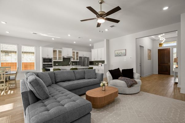 Chandelier, Dining room, Interior, Kitchen, Living room, Recessed Lighting, Stainless Steel Appliances, Wood Texture Flooring