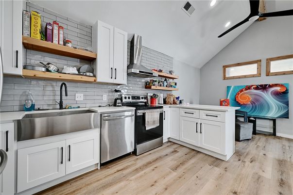 Interior, Kitchen, Recessed Lighting, Stainless Steel Appliances, Wood Texture Flooring