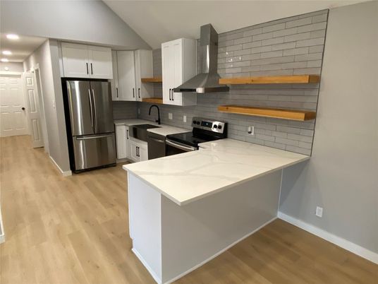 Interior, Kitchen, Recessed Lighting, Stainless Steel Appliances, Wood Texture Flooring