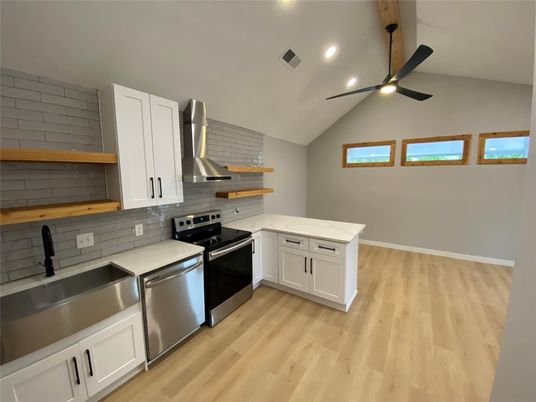 Interior, Kitchen, Recessed Lighting, Stainless Steel Appliances, Wood Texture Flooring