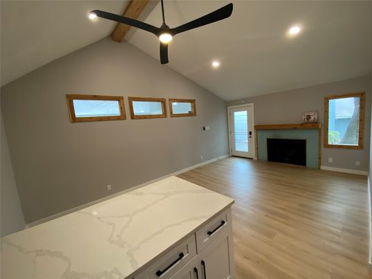 Empty room, Fireplace, Interior, Recessed Lighting, Wooden Beams, Wood Texture Flooring