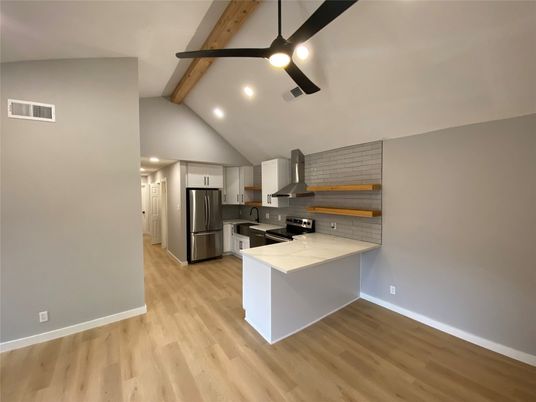 Interior, Kitchen, Recessed Lighting, Stainless Steel Appliances, Wooden Beams, Wood Texture Flooring