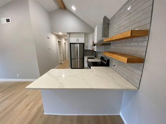 Interior, Kitchen, Recessed Lighting, Stainless Steel Appliances, Wooden Beams, Wood Texture Flooring