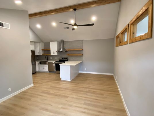 Interior, Kitchen, Pendant Lights, Recessed Lighting, Stainless Steel Appliances, Wooden Beams, Wood Texture Flooring