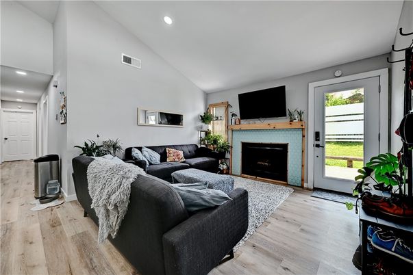 Fireplace, Interior, Living room, Recessed Lighting, Wood Texture Flooring
