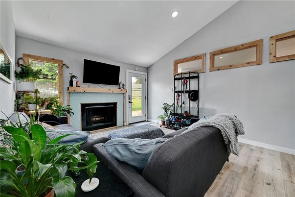 Fireplace, Interior, Living room, Recessed Lighting, Wood Texture Flooring