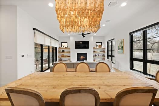 Chandelier, Dining room, Fireplace, Interior, Living room, Recessed Lighting, Wood Texture Flooring