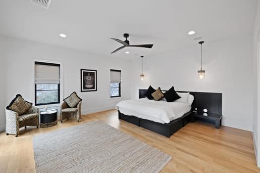 Bedroom, Interior, Pendant Lights, Recessed Lighting, Wood Texture Flooring