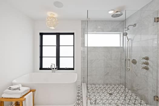 Bathroom, Glass Shower, Interior, Marble Walls, Pendant Lights, Recessed Lighting