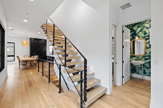 Dining room, Interior, Pendant Lights, Recessed Lighting, Wood Texture Flooring