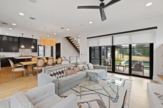 Chandelier, Dining room, Interior, Kitchen, Living room, Pendant Lights, Recessed Lighting, Wood Texture Flooring