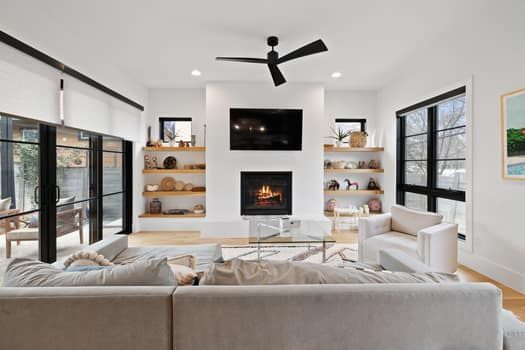 Fireplace, Interior, Living room, Recessed Lighting, Wood Texture Flooring