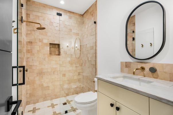 Bathroom, Glass Shower, Interior, Recessed Lighting, Stone Walls